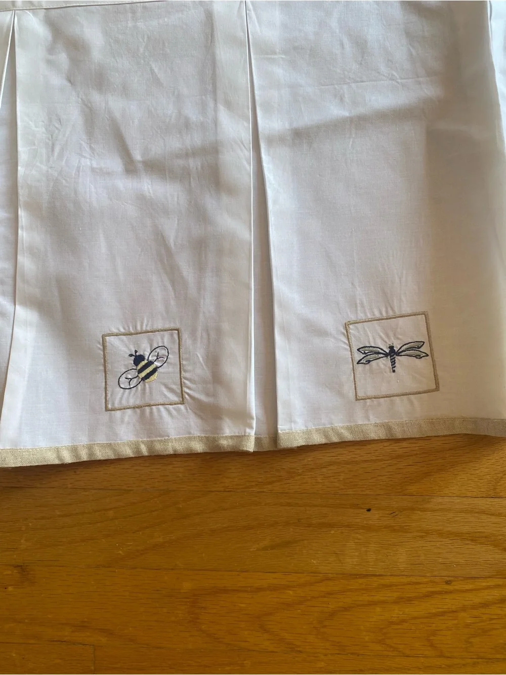 2 Hand Embroidered Cotton Valances Ladybug Bee Dragonfly Farmhouse Cottage